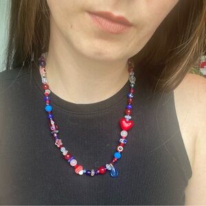 American Dreaming Red Blue Pink Beaded Necklace Silver Heart Flowers Stone Star